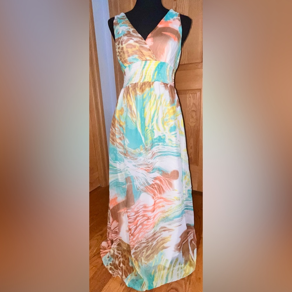 NWT Chaudry KC Boho Maxi Dress SZ S Multicolor Watercolor V-Neck Lined India 51”
